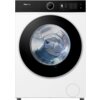 Pralka Hisense Seria 5I WF5I8043BWF o pojemności 8 kg i prędkości wirowania 1400 obr/min, z widocznym bębnem wypełnionym praniem. Na panelu sterowania wyświetlane są ustawienia programu "Cotton" z czasem 1:57.