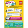 Plakat promujący grę karcianą "Brick Like This" z logo LEGO, zawiera kolorowe grafiki i teksty w języku polskim i rumuńskim, opisujące zasady gry oraz jej zalety jako zabawnej gry towarzyskiej dla rodzin i przyjaciół. Na dole znajdują się informacje o lic