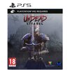 Okładka gry "Undead Citadel" na PS5 przedstawia postać w zbroi trzymającą miecz, z niebieskimi, świecącymi oczami, na tle zamglonego zamku. Na górze widnieje napis "PLAYSTATION VR2 REQUIRED", a w dolnym rogu znajduje się logo PEGI 18 oraz logotypy Dark Cu