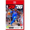 Okładka gry "NBA 2K26" na konsolę Nintendo Switch przedstawia koszykarza w niebieskim stroju z numerem 2, trzymającego piłkę do koszykówki. Na dole okładki znajdują się oznaczenia: "3" z logo PEGI, "GAME-KEY CARD", oraz informacja o konieczności pobrania 
