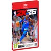 Okładka gry "NBA 2K26" na konsolę Nintendo Switch przedstawia koszykarza w niebieskim stroju z numerem 2, trzymającego piłkę do koszykówki. Na dole okładki znajdują się oznaczenia wiekowe "3" oraz informacja o konieczności pobrania gry przez internet, a t