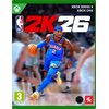Okładka gry "NBA 2K26" na konsole XBOX ONE i XBOX Series X przedstawia koszykarza w niebieskim stroju z piłką do koszykówki. Na górze widnieje duży napis "2K26" oraz logo NBA, a w dolnym rogu znajduje się oznaczenie wiekowe 3+ i logo producenta.