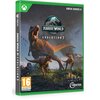 Na okładce gry "Jurassic World Evolution 3" dla XBOX SERIES X widnieje duży dinozaur w dynamicznej pozie, otoczony przez mniejsze dinozaury na tle krajobrazu z roślinnością i budynkami. Na górze znajduje się logo "Jurassic World Evolution 3", a w dolnym r