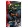 Okładka gry "Turok Trilogy Bundle" na konsolę Nintendo Switch przedstawia trzy różne grafiki związane z grami z serii Turok. Na górze widnieje logo "Turok", poniżej "Turok 2: Seeds of Evil" na tle łuski, a na dole "Turok 3: Shadow of Oblivion" z wizerunki