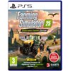 Okładka gry "Farming Simulator 25: Highlands Fishing Edition" na PS5 przedstawia krajobraz z zamkiem, traktorem na kamiennym moście oraz górami w tle. Na okładce widnieją napisy: "Farming Simulator 25", "Highlands Fishing Edition", "Includes Farming Simul