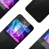 Na zdjęciu widoczna jest folia ochronna na ekran telefonu, złożona z kilku przezroczystych warstw, umieszczona na modelu telefonu z kolorowym wyświetlaczem. Telefon ma dwa obiektywy aparatu i jest przedstawiony w kilku ujęciach, ukazując różne perspektywy