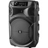 Czarny głośnik Power audio DEFENDER Boomber 12 z widocznym panelem sterowania na górze, zawierającym pokrętło głośności, przyciski sterujące oraz wejście AUX i Mic. Na środku obudowy znajduje się logo producenta w kształcie stylizowanej litery "D".