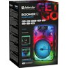 Opakowanie produktu przedstawia przenośny głośnik "Boomer 12" marki Defender z kolorowym podświetleniem LED. Na opakowaniu znajdują się informacje o funkcjach, takich jak Bluetooth 5.4, moc 15 W, czas pracy 3,5 godziny, złącza AUX, USB typu C, gniazdo mik