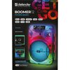 Głośnik Power audio DEFENDER Boomber 12 Czarny z kolorowym podświetleniem LED, które przechodzi od czerwieni przez niebieski do zieleni. Na panelu sterowania widoczne są przyciski, pokrętło głośności oraz wyświetlacz z napisem "BLUE".