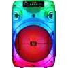 Czarny głośnik Power audio DEFENDER Boomber 12 o prostokątnym kształcie z widocznymi pionowymi żłobieniami na przedniej części obudowy. Na górze znajduje się uchwyt do przenoszenia, a całość jest podświetlona zielonym światłem.