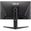 Czarny monitor ASUS TUF Gaming widziany od tyłu, z wyraźnym logo "ASUS" na górze obudowy. Na podstawie monitora znajduje się napis "TUF GAMING", a obudowa ma geometryczne wzory i kilka portów z tyłu.