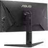 Czarny monitor z widocznym logo "ASUS" na tylnej obudowie oraz napisem "TUF Gaming" na podstawie. Obudowa ma geometryczne wzory i solidną podstawę, która zapewnia stabilność.