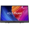 Monitor ASUS ProArt PA16USV 15.6" wyświetla kolorową grafikę z dominującymi odcieniami niebieskiego, pomarańczowego, czerwonego i fioletowego. Na ekranie widoczny jest biały napis "ASUS ProArt", a na dolnej ramce znajduje się logo "ProArt".