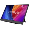 Monitor ASUS ProArt PA16USV 15.6" wyświetla kolorowy, abstrakcyjny wzór z dominującymi odcieniami niebieskiego, pomarańczowego i fioletowego. Na ekranie widoczny jest biały napis "ASUS ProArt", a na dolnej ramce znajduje się logo "ProArt" oraz kilka przyc