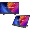 Monitor ASUS ProArt PA16USV 15.6" o rozdzielczości 3840x2160px z matrycą IPS jest przedstawiony na zdjęciu w dwóch ujęciach. Na ekranie widoczny jest kolorowy wzór oraz napis "ASUS ProArt", a na dolnej ramce znajduje się logo "ProArt" i kilka przycisków.
