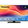 Telewizor marki Panasonic z ekranem o przekątnej 43 cale, wyświetlający kolorową grafikę z falistymi wzorami. Na ekranie widoczne są logotypy i napisy: "Powered by TiVo", "LED", "4K Colour Engine", "Dolby Vision-Atmos", "Game Mode Plus".