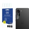 Opakowanie produktu "3mk Lens Protection" z napisem "Ochrona obiektywu" znajduje się obok smartfona z nałożonym szkłem ochronnym na obiektyw aparatu. Na opakowaniu widoczne są oznaczenia: "Reliable camera", "4 pcs.", "200% stronger", "Made in EU".