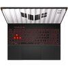 Laptop z otwartym ekranem i podświetlaną klawiaturą, na której klawisze W, A, S, D są wyróżnione czerwonym kolorem. Na ekranie widoczne jest logo "TUF" oraz wzór przypominający kontenery.