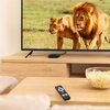 Na zdjęciu widać telewizor z wyświetlonym obrazem dwóch lwów na sawannie, stojący na drewnianej szafce, obok której znajduje się pilot oraz miska z popcornem. Na szafce pod telewizorem leży czarny odtwarzacz multimedialny.