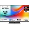 Na zdjęciu widoczny jest telewizor z kolorowym ekranem, na którym znajdują się napisy: "Panasonic TV PREMIUM", "fire tv", "QLED", "HCX PROCESSOR", "Dolby VISION·ATMOS", "GAME MODE EXTREME", oraz oznaczenia "55”", "120 Hz", "NEW".