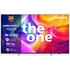 Telewizor z kolorowym ekranem wyświetlającym napis "the one" oraz logo "PHILIPS" w prawym górnym rogu. Po lewej stronie widoczne są napisy: "AMBILIGHT tv GŁÓWNY PARTNER FC BARCELONA", "4K QLED", "Perfect Picture Engine", "Dolby VISION ATMOS" oraz "Great f