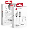 Na zdjęciu znajduje się srebrny kabel USB-Lightning o metalicznym oplocie, ułożony na czarnej, perforowanej powierzchni. Na obu końcówkach kabla widnieje logo "FORCELL".