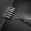 Zdjęcie przedstawia cztery ujęcia srebrnego kabla USB-Lightning o metalicznym oplocie, zbliżenia na jego strukturę oraz końcówki podłączone do urządzenia. Na jednym z ujęć widoczny jest rzep z napisem "FORCELL".