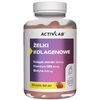 Plastikowy pojemnik z białą zakrętką zawiera żelki kolagenowe o smaku truskawkowym marki ACTIVLAB. Na etykiecie widnieje napis: "Żelki Kolagenowe, Kolagen morski 500 mg, Koenzym Q10 20 mg, Biotyna 1000 µg, 60 żelek/60 dni", oraz ikona truskawki i symbol "