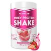 Pojemnik z różową etykietą zawiera napis "ACTIVLAB Whey Protein Shake" oraz grafikę truskawkowego koktajlu mlecznego z truskawkami. Na etykiecie widnieją informacje: "3x Laboratory Tested", "Measuring Scoop Inside", "17 g Protein x 10 Portions", "Aspartam