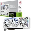 Pudełko i karta graficzna w kolorze białym z trzema wentylatorami, na których widnieje logo producenta. Na pudełku znajdują się napisy: "ROG ASTRAL GAMING GRAPHICS CARD", "OC Edition", "16GB Memory", "DLSS 4", "RAY TRACING", "REFLEX", "STUDIO", "GEFORCE R