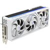 Biała karta graficzna z trzema dużymi wentylatorami, na których widoczne są kolorowe logo. Na obudowie znajduje się napis "GEFORCE RTX", a na krawędzi znajdują się porty HDMI i DisplayPort.