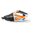 Odkurzacz akumulatorowy w kolorach białym, pomarańczowym i czarnym z widocznym logo "STIHL SEA 20" na pomarańczowym tle. Na uchwycie znajdują się cztery diody wskazujące poziom naładowania baterii oraz przycisk zasilania.