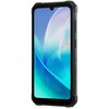 Czarny smartfon z wyświetlaczem o przekątnej 6.1 cala, na którym widoczna jest abstrakcyjna, niebiesko-zielona grafika. Na boku obudowy znajduje się napis "WATERPROOF".