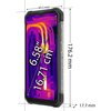 Smartfon z wyświetlaczem o przekątnej 6.58 cala (16.71 cm) pokazuje obraz w kolorach termicznych. Na zdjęciu widoczne są wymiary urządzenia: 83.5 mm szerokości, 176.2 mm wysokości i 17.7 mm grubości, a na boku obudowy znajduje się napis "WATERPROOF".
