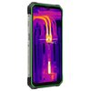 Smartfon z zieloną obudową wyświetla na ekranie obraz termowizyjny przedstawiający instalację elektryczną z zaznaczoną temperaturą 48°C. Na bocznej krawędzi urządzenia widoczne są przyciski oraz napisy: "SILENT" i "CUSTOM".