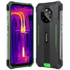 Na zdjęciu widoczny jest smartfon z wyświetlaczem pokazującym obraz termowizyjny z temperaturą 48°C oraz tylną obudową z logo "Blackview". Obudowa jest czarna z zielonymi akcentami i posiada widoczne śruby oraz napisy "SHOCKPROOF".