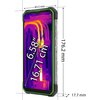 Smartfon z wyświetlaczem o przekątnej 6.58 cala (16.71 cm) pokazuje obraz w trybie termowizyjnym, a jego wymiary to 176.2 mm wysokości, 83.5 mm szerokości i 17.7 mm grubości. Na bocznej krawędzi widoczny jest napis "WATERPROOF".