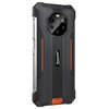 Czarny smartfon z pomarańczowymi akcentami, posiada solidną obudowę z widocznymi śrubami i napisem "Blackview" na tylnej części. Na boku urządzenia znajduje się napis "WATERPROOF", a na tylnej obudowie widoczne są cztery obiektywy aparatu i lampa błyskowa