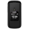Czarny telefon z klapką marki Maxcom, z widocznym zewnętrznym wyświetlaczem pokazującym godzinę 12:00 i datę 12.11.2024. Nad ekranem znajduje się obiektyw aparatu i dioda LED.