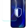 Na zdjęciu widoczny jest telefon z nałożonym szkłem ochronnym, na ekranie którego znajduje się grafika z niebieskimi falami i białą tarczą. Produkt to "Szkło hybrydowe 3MK FlexibleGlass Pro do Apple iPhone 17".