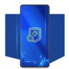 Na zdjęciu widoczna jest folia ochronna na ekranie smartfona, z niebieskim tłem i żółtą grafiką tarczy z krzyżem oraz symbolem wirusa. Produkt to "Folia ochronna 3mk SilverProtection+ do Apple iPhone 17 Pro".