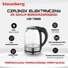 Na zdjęciu znajduje się czajnik elektryczny z przezroczystym korpusem i czarną rączką, obok którego widnieje logo "klausberg" oraz napis "CZAJNIK ELEKTRYCZNY KB-7886". Po prawej stronie umieszczono listę cech produktu z ikonami: "Podświetlana podstawa", "