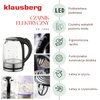 Na zdjęciu znajduje się czajnik elektryczny z przezroczystym korpusem i czarną rączką, oznaczony jako "klausberg CZAJNIK ELEKTRYCZNY KB-7886". Wokół czajnika umieszczono pięć okrągłych zdjęć z opisami: "Filtr zanieczyszczeń", "Przycisk włączania i otwiera