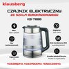 Na zdjęciu znajduje się czajnik elektryczny z przezroczystym korpusem i czarnym uchwytem, obok którego widnieje logo "klausberg" oraz napis "CZAJNIK ELEKTRYCZNY KB-7888". Po prawej stronie znajdują się ikony i opisy funkcji: "Pamięć ustawień do 10 minut",