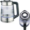 Czajnik elektryczny z przezroczystego szkła i stali nierdzewnej, z czarnym uchwytem, jest umieszczony na tle czerwonego opakowania z napisem "klausberg ELECTRIC KETTLE". Na opakowaniu znajdują się również oznaczenia: "HIGH QUALITY STAINLESS STEEL", "Durab