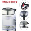 Czajnik elektryczny z przezroczystym korpusem i czarną rączką, z widocznym logo "klausberg" na dole. Obok czajnika znajdują się trzy okrągłe ikony z tekstem: "1850-2200 W", "1,7 L" oraz "220-240 V".