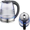 Czajnik elektryczny z przezroczystego szkła z czarną pokrywką i uchwytem, umieszczony na tle czerwono-białego opakowania z napisem "klausberg ELECTRIC KETTLE". Na opakowaniu widoczne są również oznaczenia: "HIGH QUALITY STAINLESS STEEL", "TOUCH control LE