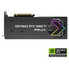 Czarna karta graficzna z napisem "GEFORCE RTX 5060 Ti PNY" oraz kolorowym wzorem w kształcie strzałki. W prawym dolnym rogu znajduje się logo NVIDIA z napisem "GEFORCE RTX Powering Advanced AI".