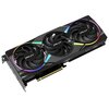 Czarna karta graficzna z trzema dużymi wentylatorami, każdy z logo "PNY" na środku, otoczona kolorowym podświetleniem RGB. Karta posiada metalowy radiator i złącze PCIe na dolnej krawędzi.