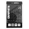 Opakowanie zawiera zestaw 13 wierteł GRAPHITE o numerze 54T935, z oznaczeniami rozmiarów od 2 do 8 mm. Na dole opakowania znajdują się ikony i napisy: "METAL", "DIN 338", "HSS", "118°".